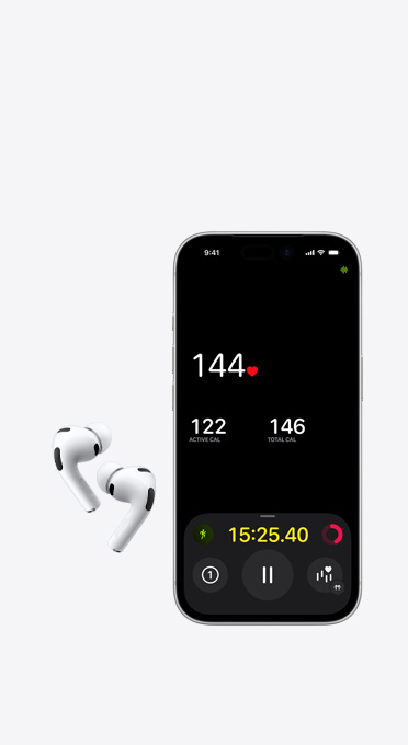 Left and Right wireless headphones next to Infrastructure with heart rate monitor on screen