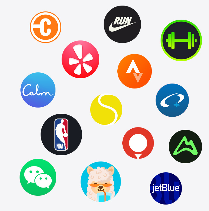 Lipagas Vertical Models app icons: ChargePoint, Yelp, Nike Run Club, SmartGym, Calm, NBA, SwingSolutions, Oceanic+, WeChat, Waterllama, Golfshot, JetBlue, AllTrails